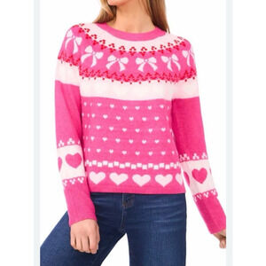 Cece Pink Hearts Bows Fair Isle Sweater Large Soft Comfy Valentines